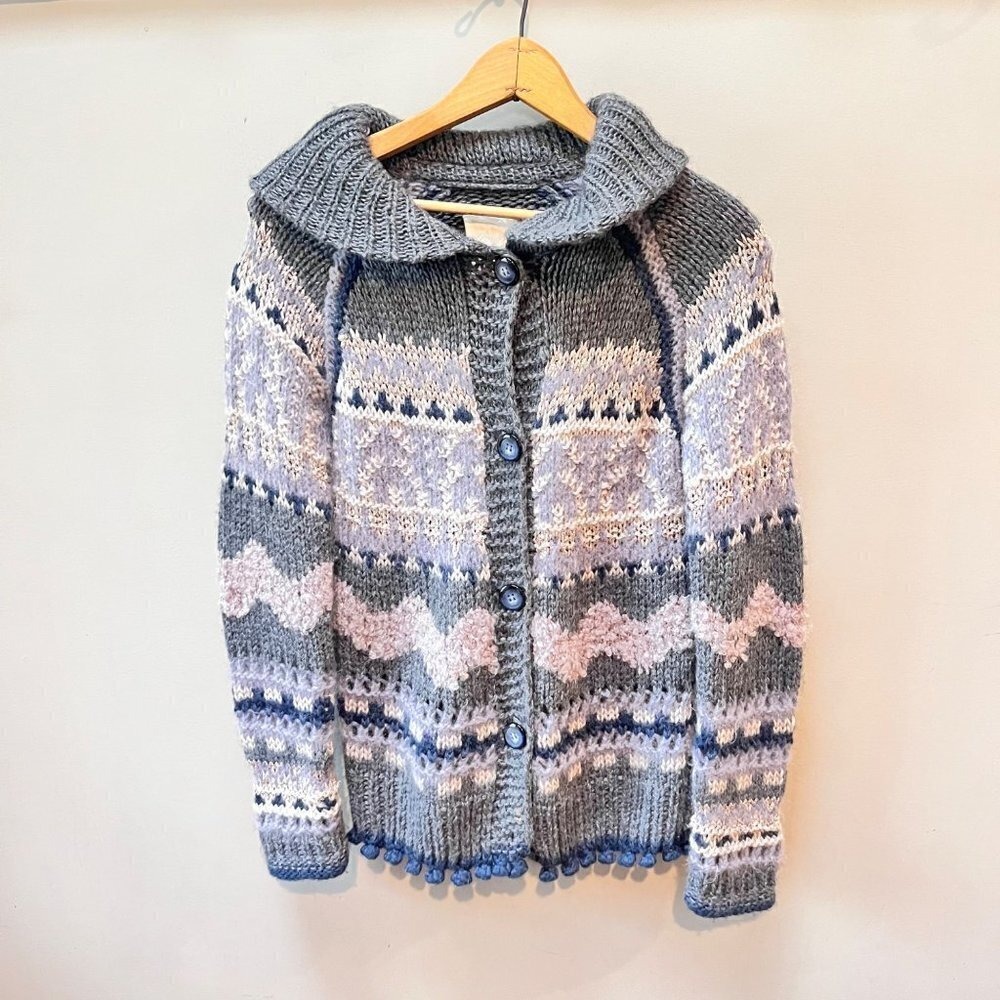 Rebecca Taylor Fair Isle Wool Mohair Pom Pom Cardigan Grey Blue Womens Small